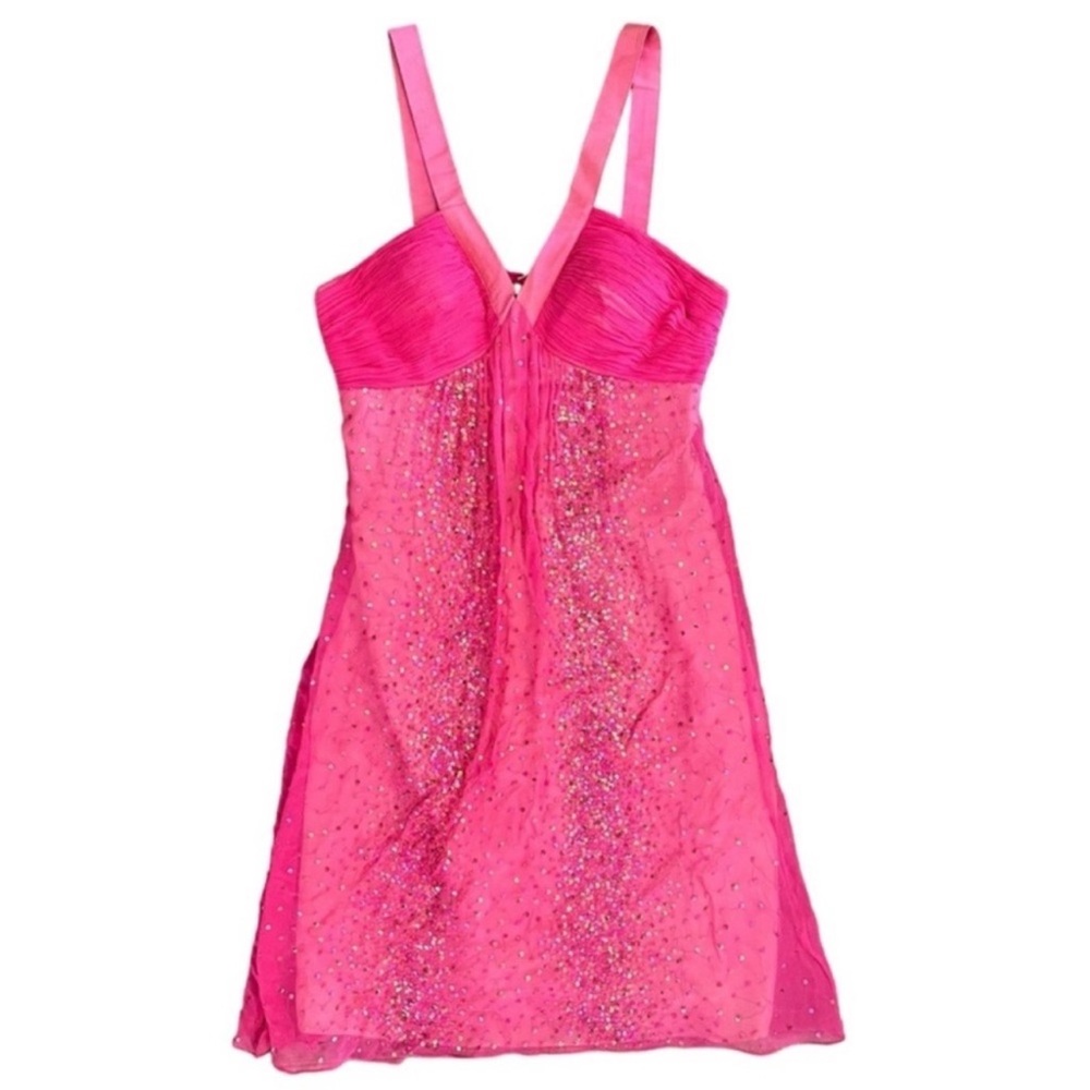 VINTAGE Y2K SCALA Girly Glam Pink 100% Silk Sequin Flowy Cocktail Dress Sz 4